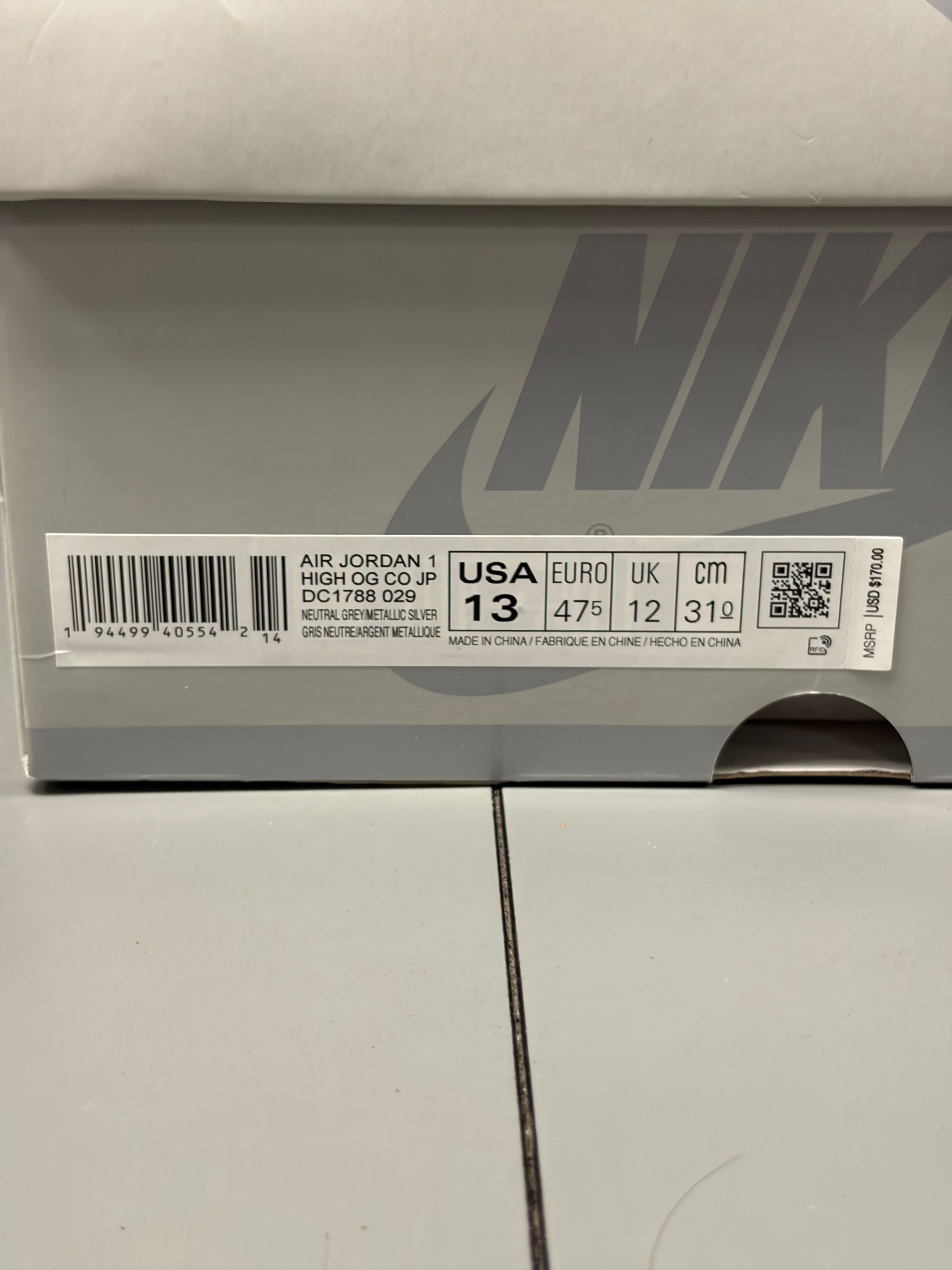 Jordan 1 Retro High CO.JP "Neutral Grey" Size 13 Excellent Condition
