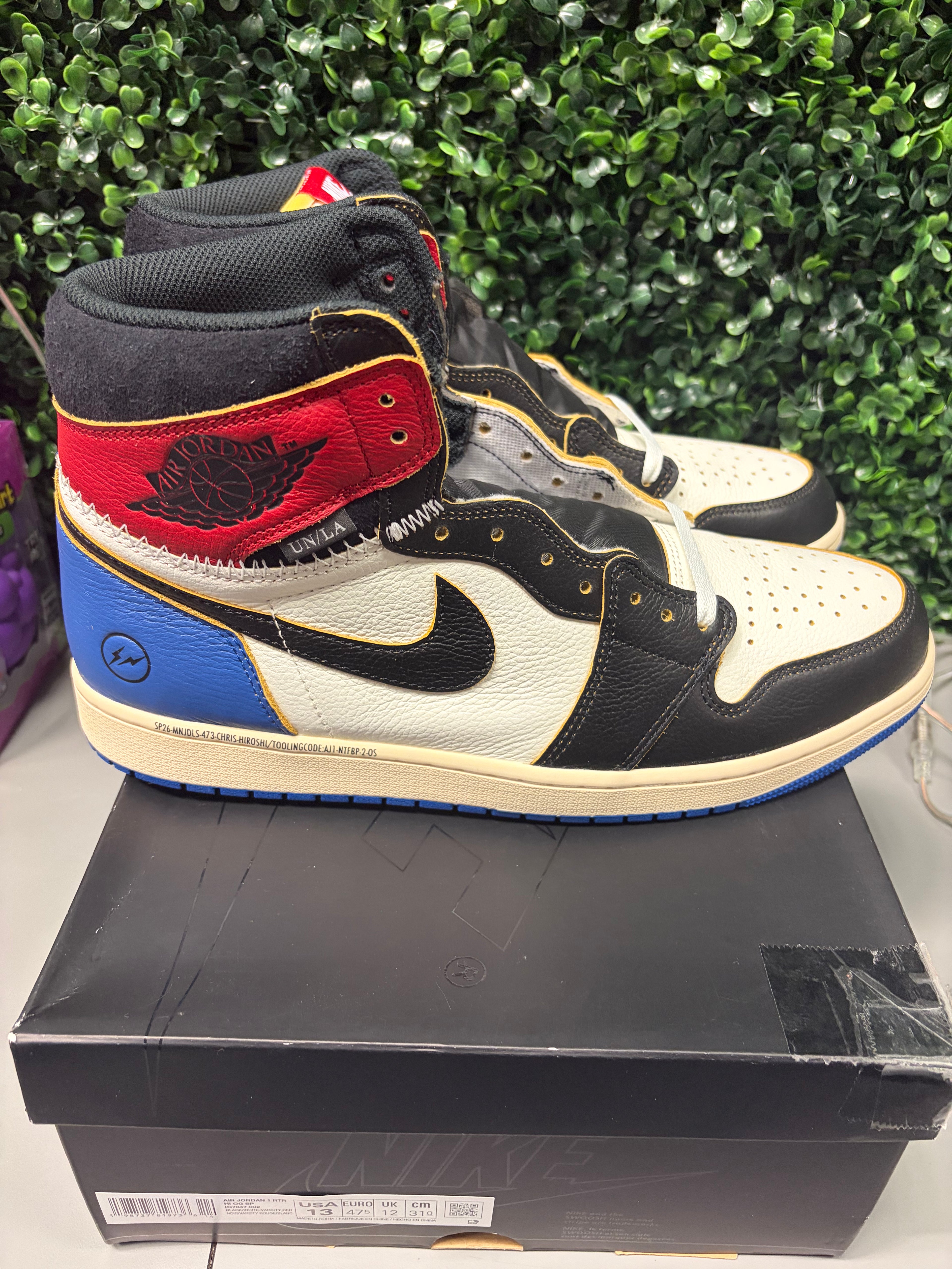 Jordan 1 Retro High OG SP "Fragment x Union LA Varsity Red Sport Royal" Size 13 Preowned