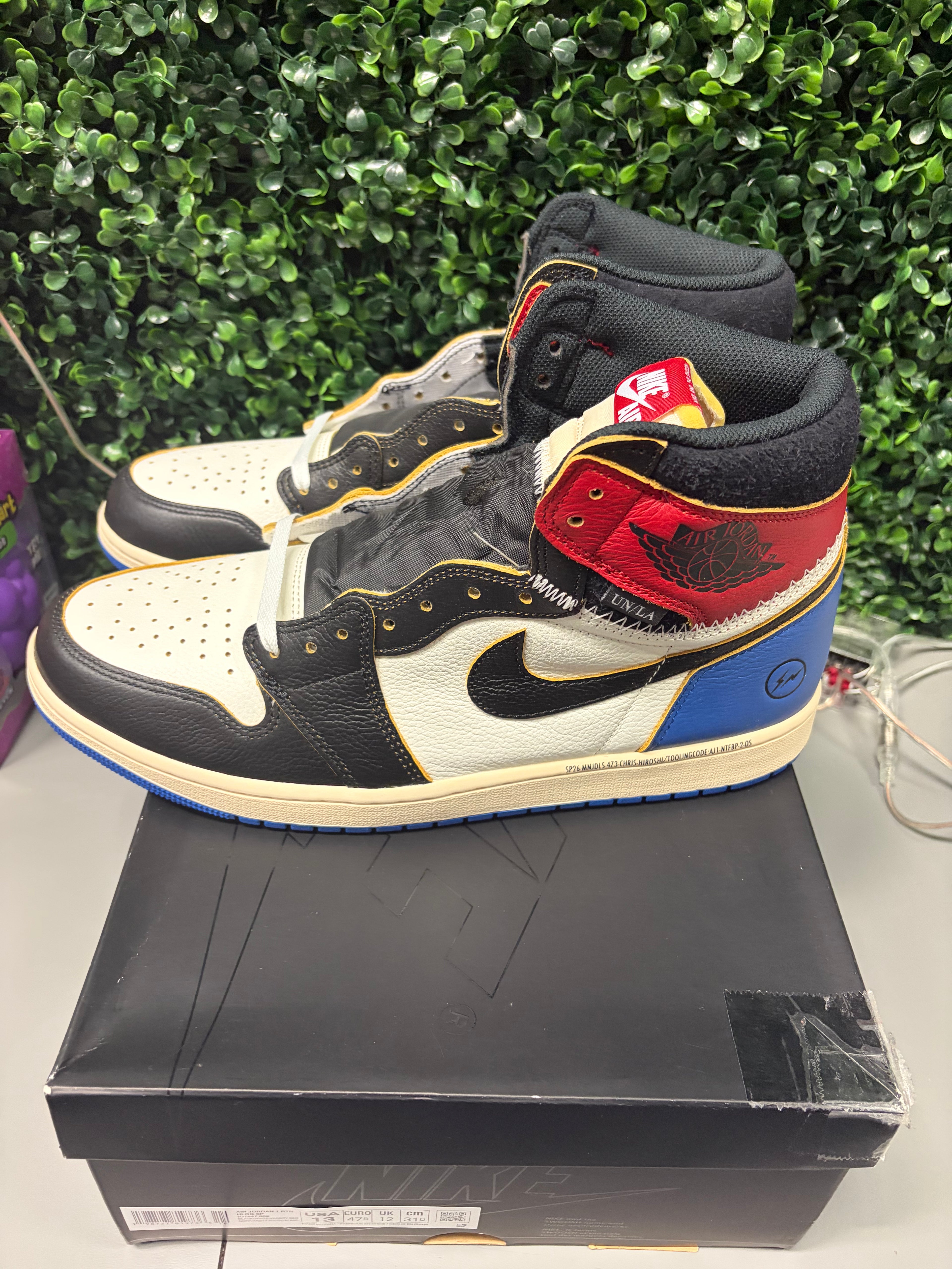 Jordan 1 Retro High OG SP "Fragment x Union LA Varsity Red Sport Royal" Size 13 Preowned