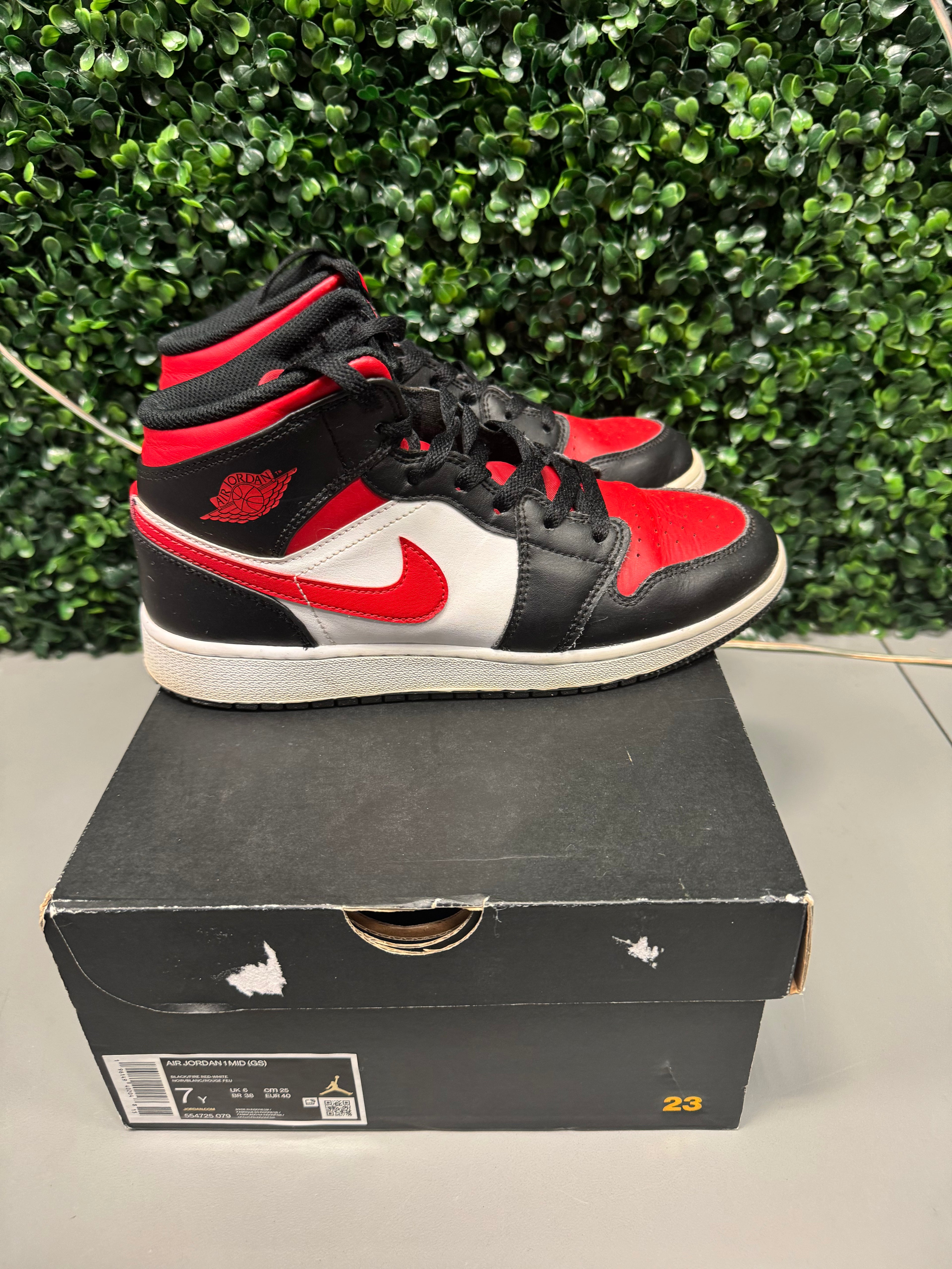 Air Jordan 1 Mid Black Fire Red Preowned 7Y