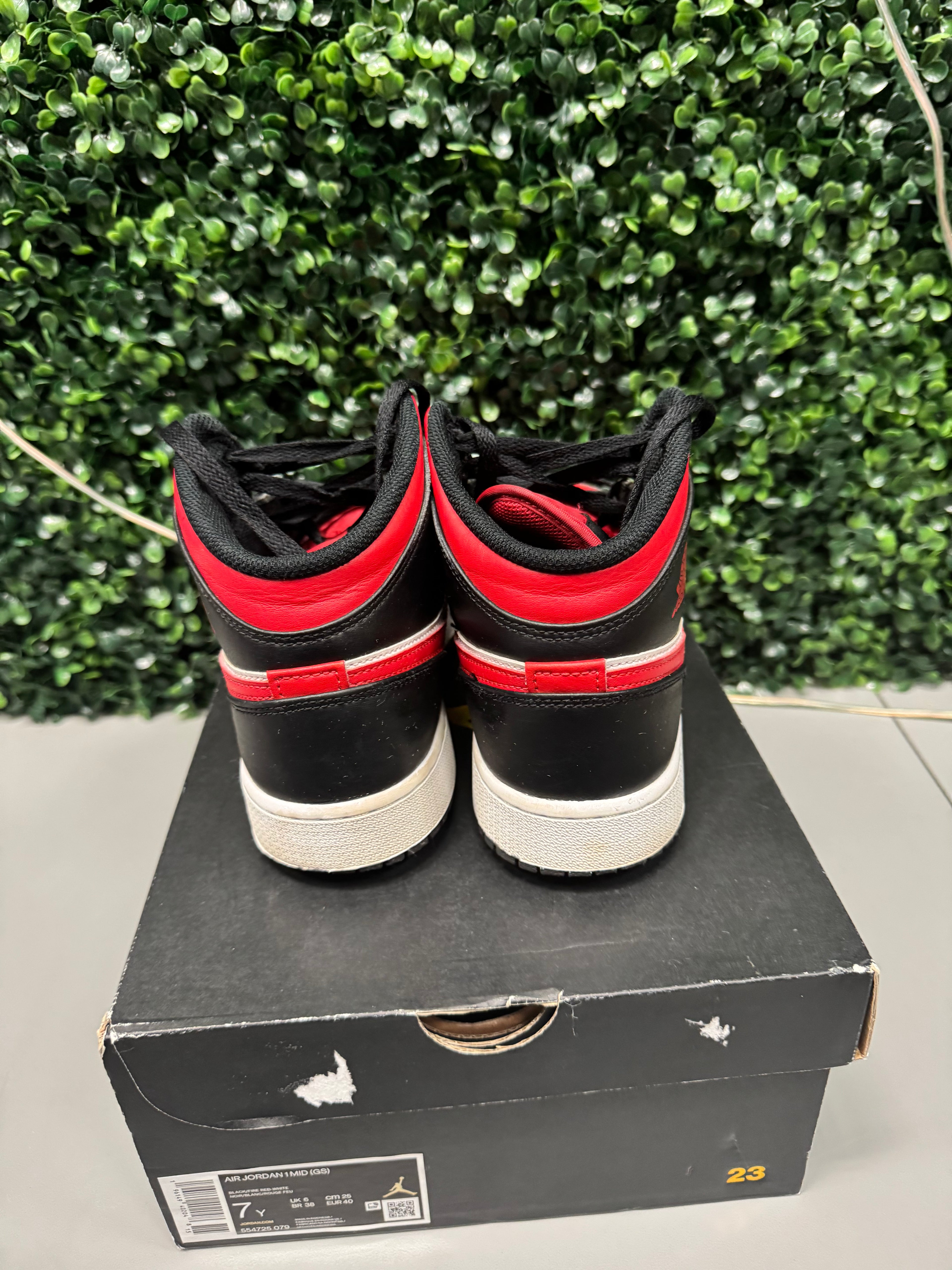 Air Jordan 1 Mid Black Fire Red Preowned 7Y
