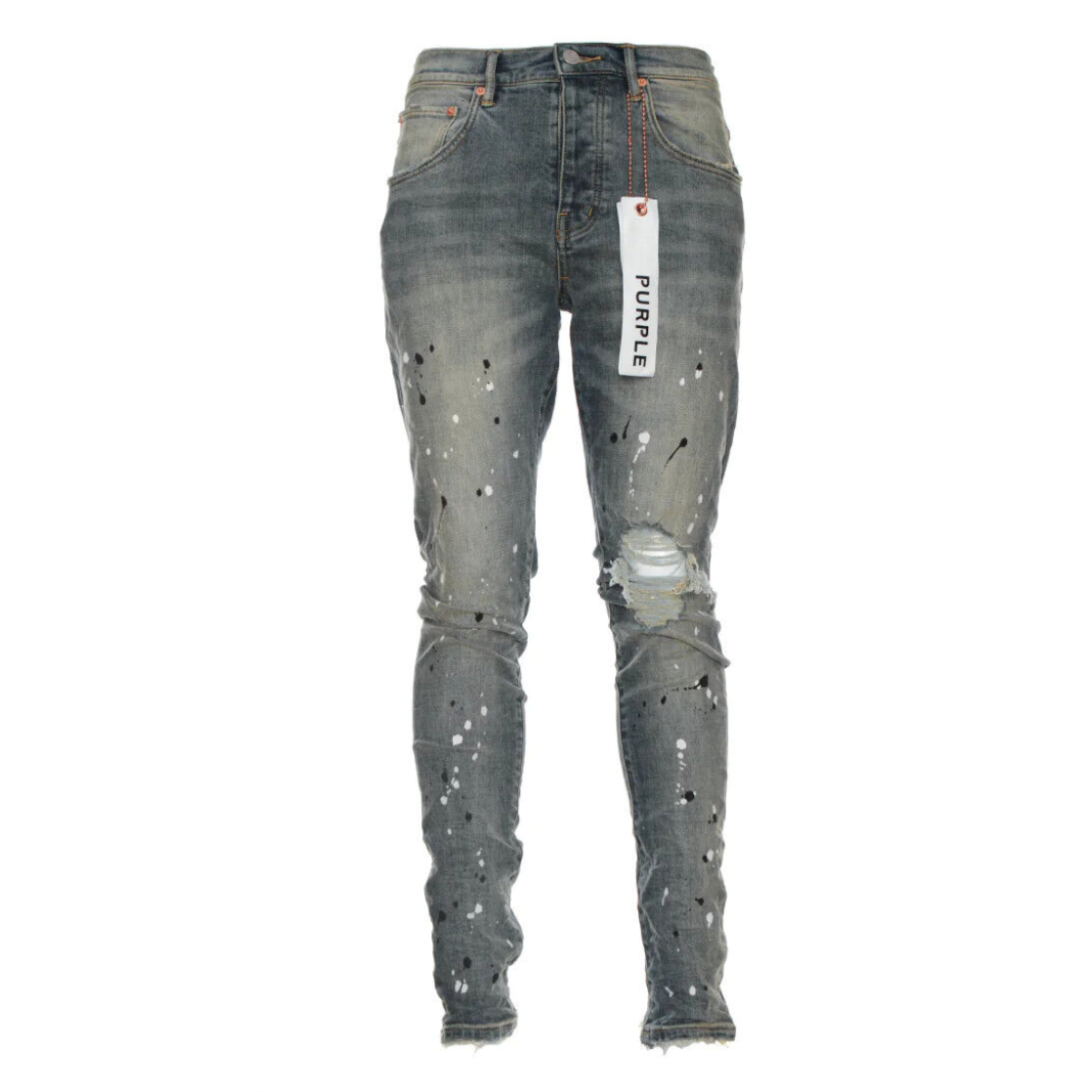 Purple Brand "P002 Mid Indigo Indigo Destroy Paint" Jeans