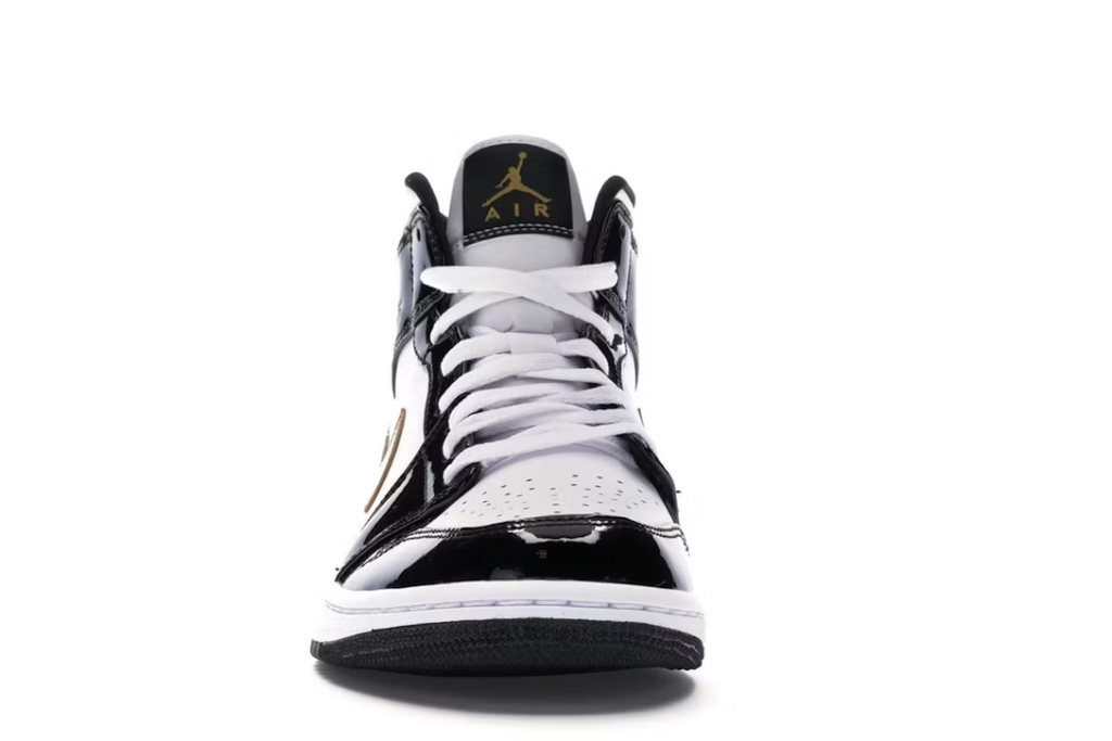 Jordan 1 Mid Patent Black White Gold