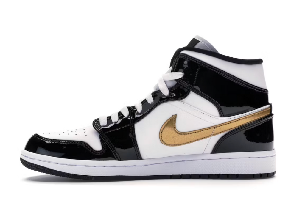 Jordan 1 Mid Patent Black White Gold