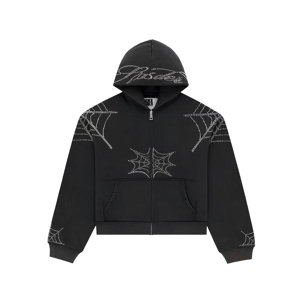 Sp5der King Spider Rhinestone Web Zip Hoodie