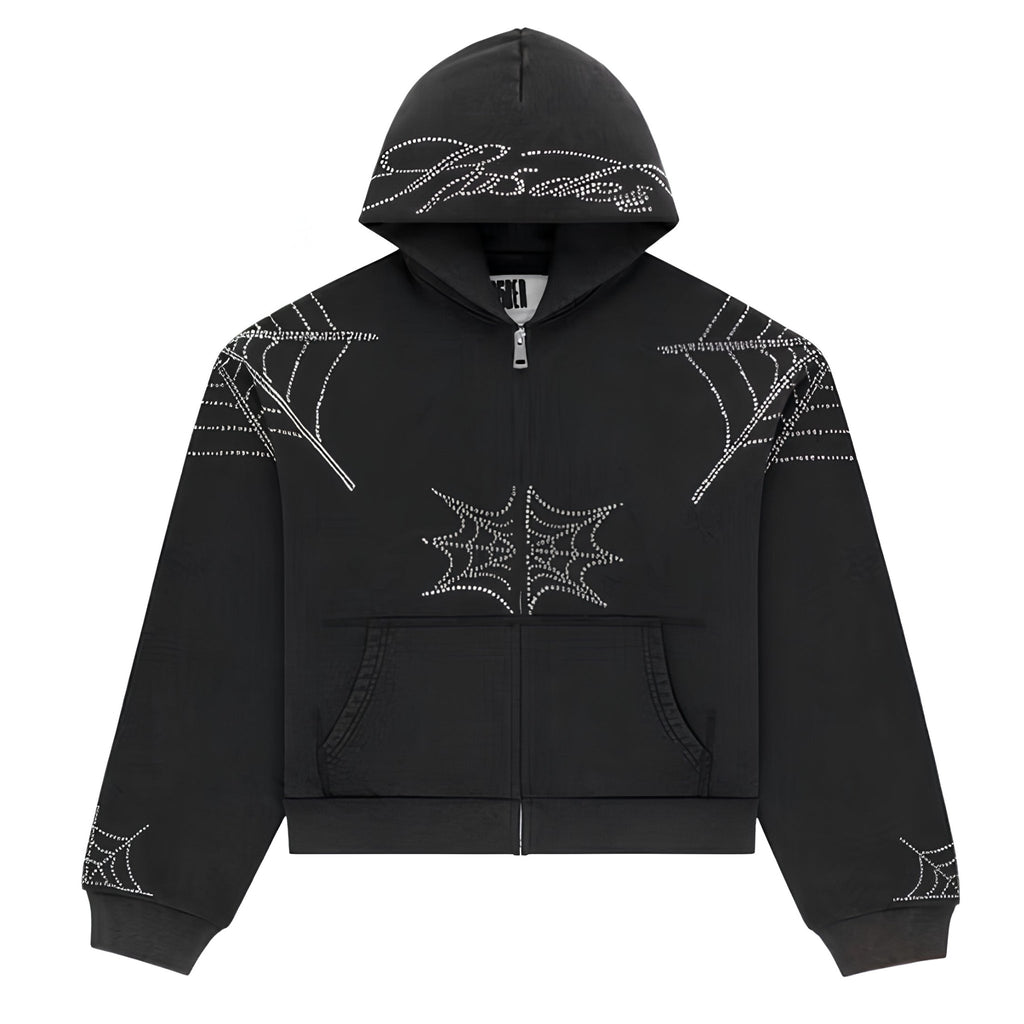 Sp5der King Spider Rhinestone Web Zip Hoodie - Hype World